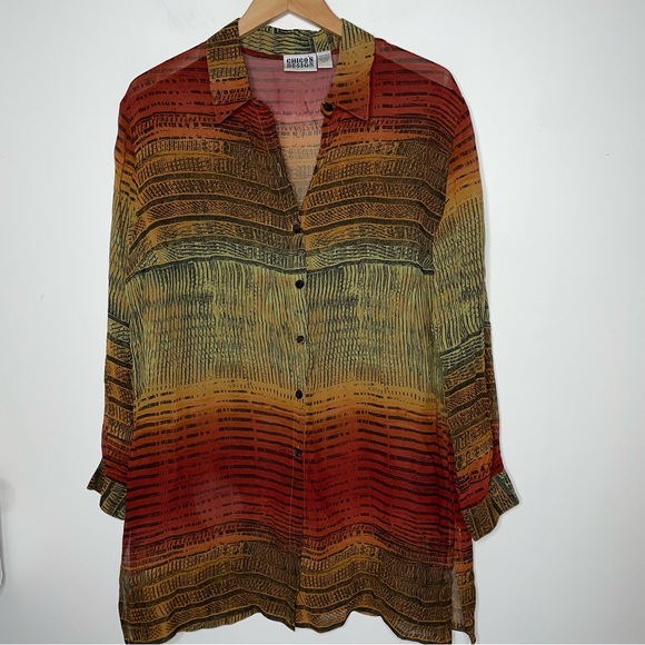 Chico's Design Sheer Long Sleeve Blouse Tunic Rayon Burnt Orange Tribal Print - Picture 14 of 16